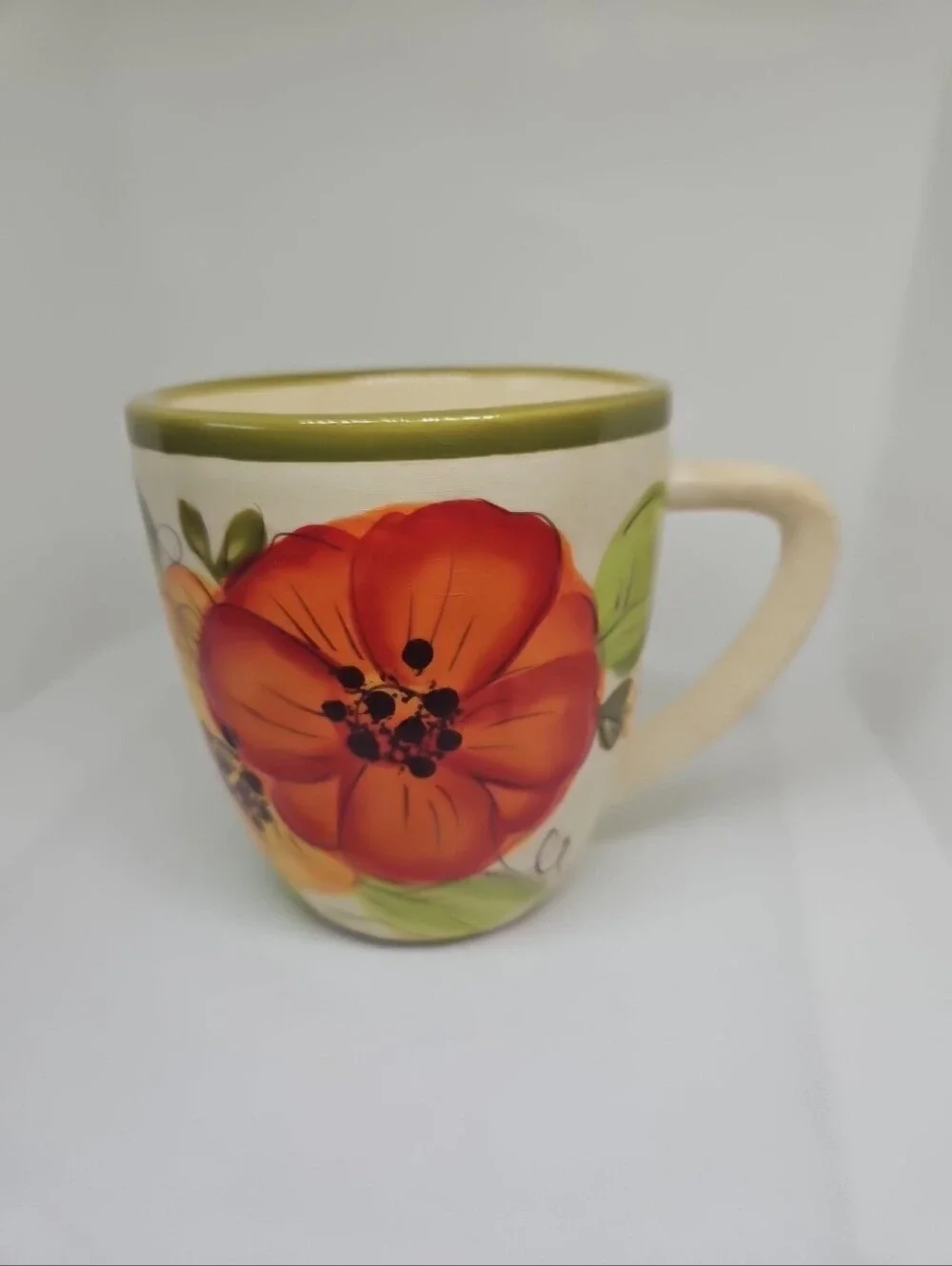 Pier 1 Imports Olivia 16oz Earthenware Hand Painted Poppy Flowers Mug